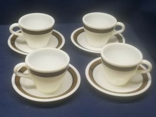 Vintage Pyrex " Fleur De Lis " Set/4 Cups/saucers Milkglass Ebony Border Rare Usa
