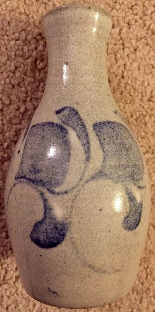 Vintage Hand Painted Blue Stoneware Pottery Vase Signed