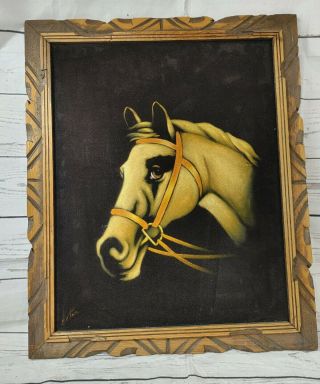 Vintage Horse Head Painting On Black Velvet Framed 1970s 24 " × 19 " Signed