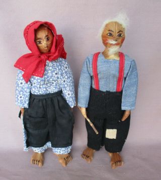 Vintage Pecan Head & Wood Folk Art Hillbilly Doll Pair Grandpa & Grandma Snazzy