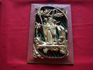 Antique Chinese Hand Carved Figural Wood Panel Wall Hanging Gilded 11 " X 7 1/2 "