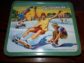 Vintage 1977 The Skateboarder Metal Lunchbox Thermos Aladdin Industries Rare 70s