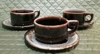 Early Vintage Set Of 3 Pfaltzgraff Gourmet Brown Drip Cup & Saucer