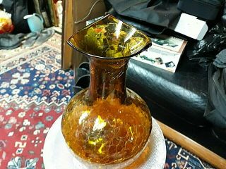 Vintage Blenko Large Amber Crackle Glass Jug Triangle Spout 11 1/2 " Rare