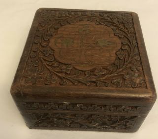 Vintage Hand Made Carved Wooden Small Box Flower Carving India
