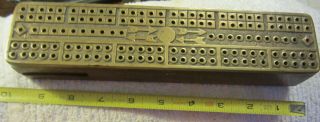 Vintage Antique Solid Brass And Wood Cribbage Board,  No Pegs,  2 Track,  Storage