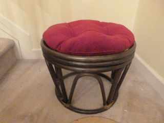 Vintage Mid Century Dark Rattan Bamboo Ottoman Table Stool Cushion 18 " Dx13.  5 " T