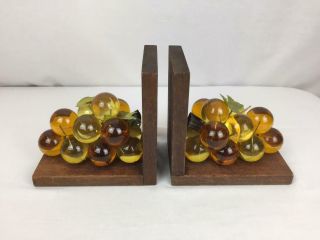 Vintage Mid Century Modern Acrylic Lucite Amber Gold Yellow Grape Bookends