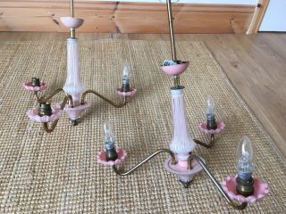 Rare 1940s Art Deco Brass Tint Frosted Pink Gilt Glass Pair Lights Chandeliers