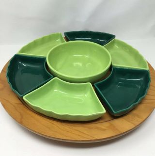 Large Vintage Ceramic & Wood Lazy Susan Appetizer Tray Usa Turn Plate Green.