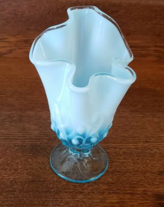 Fenton Blue Opalescent Lily Of The Valley Glass Handkerchief Vase,  Flower Vase