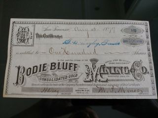 Rare 1879 Bodie Bluff Gold Mining Co.  Stock Certificate Ghost Town Ca Bodie.