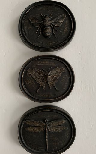 House Parts Set Of 3 Antique Bronze Wall Plaques Butterfly Bee Dragonfly