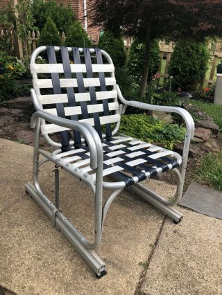 Vintage Rare Aluminum Patio Glider Chair Plastic Webbing Euc