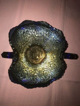 Antique Carnival Glass Cobalt Blue Fenton Persian Medallion Bowl W Handles 7.  25”