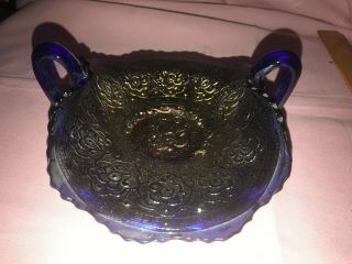 Antique Carnival Glass Cobalt Blue Fenton Persian Medallion Bowl w Handles 7.  25” 2