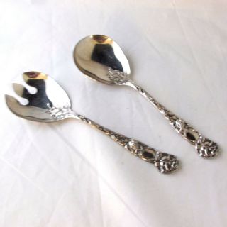 Bridal Rose Silver Plated Salad Server Version Set Fork And Spoon 2pc Italy