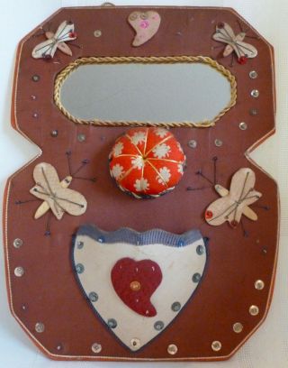 Antique Primitive Folk Art Hanging Pin Cushion Butterflies Sequins Wall Pocket