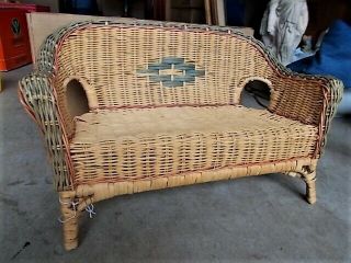 Vintage Brown Wicker Rattan Sofa Couch Love Seat Blue Doll Teddy Bear Chair 15 "