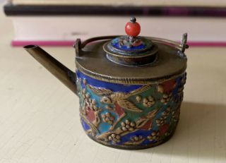 Vintage Chinese Brass & Enamel Miniature Teapot Tea Pot Mini Dollhouse
