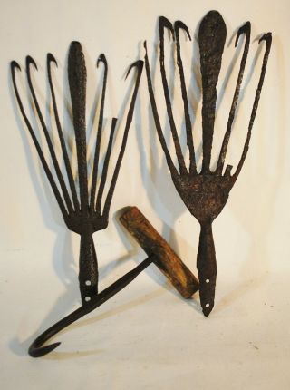 3 Pc Antique Hand Forged Eel Spear S & Hay Hook W/ Wooden Handle Primitive Decor