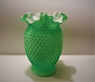 Fenton Apple Green Cased Overlay Hobnail 8 " Large Vase - Rare