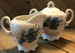 Vintage Inarco Japan Covered Sugar Bowl And Creamer E - 4773 - Blue Daisy Floral