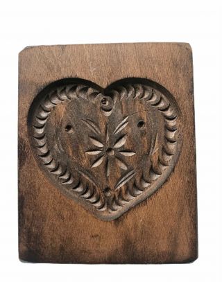 Primitive Country Farmhouse Carved Wood Heart Flower Butter Mold Stamp Press