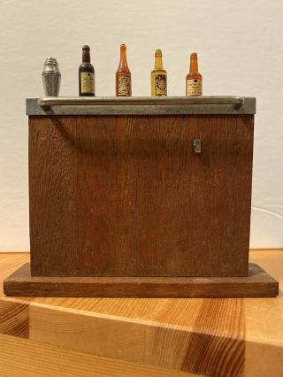 Vintage Dollhouse Miniature Wood Counter Bar With Bottles And Mixer 4”