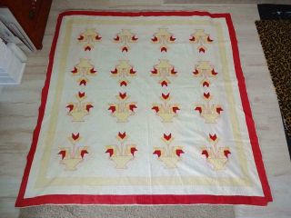 Antique Hand Stitched Baskets Applique & Quilt Bedspread Red Ivory Yel 75 " X 75 "