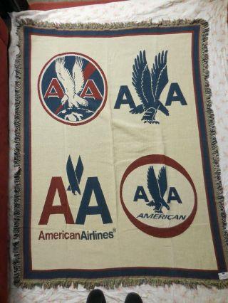 Vtg American Airlines Tapestry Blanket 52x68 Nos Rare 100 Cotton Usa