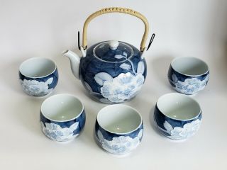 Toyo Japan Teapot Cups Set Blue With White Flowers Wicker Handle Rare Find