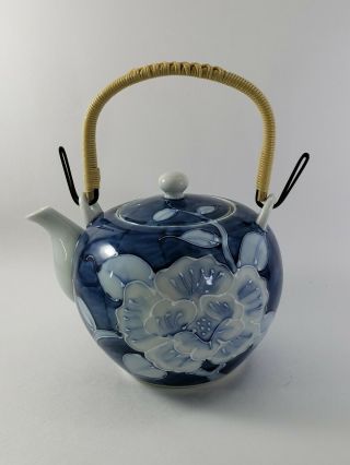 TOYO Japan Teapot Cups Set Blue with White Flowers Wicker Handle Rare Find 2