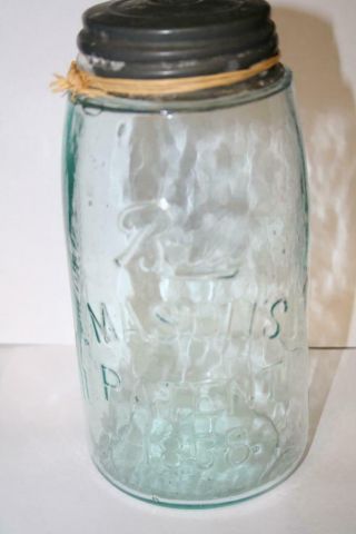 Ball 1895 - 1896 Quart Mason Jar First Ball Script Logo Aqua Tint Antique