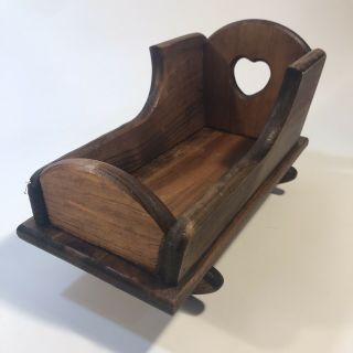 Vintage Wooden Rocking Cradle With Heart Cut Out For Porcelain Dolls Solid Wood