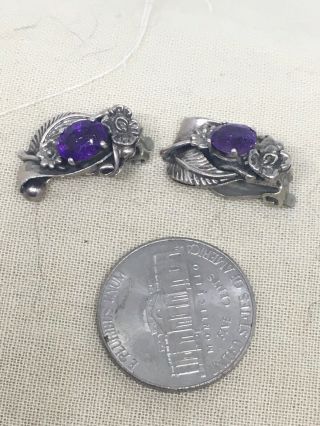 Rare Vintage Sterling Silver Amethyst Artisan Earrings Clip On Signed Lb/od 6 - 10