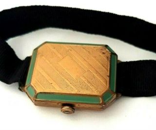 Rare Art Deco " Sene " Engine Turned & Green Enamel Compact Vanity Watch Bracelet