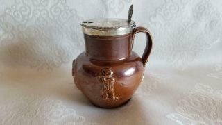 Antique English Doulton Lambeth Stoneware Mustard Condiment Jar Pot Silver Lid