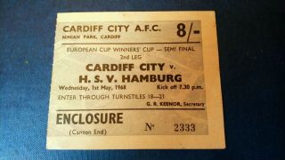 Rare Football Ticket Cardiff City V Hamburg European Cup Winners Cup Semi 1968