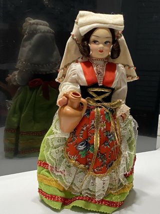 Vintage Italian Souvenir Doll,  10.  5 ",  Italy,  Paper Mache Face,  Plastic Body