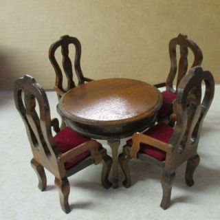 Vintage Dollhouse Miniature Wood Round Dining Table & 4 Chairs