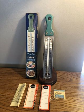 Vintage Taylor Candy & Jelly Thermometer Teal Handle Papers Rare