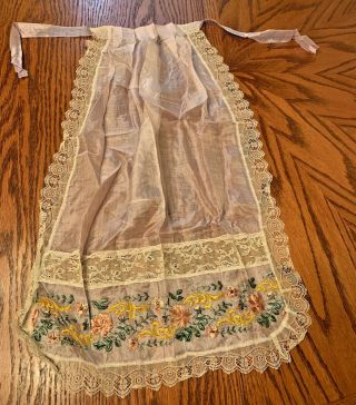 Antique Vintage Apron Sheer Embroidered Lace Trim Beautifully Made Size Small