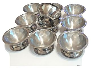 10 Vintage Bloomfield Stainless Steel Footed Ice Cream Dessert Bowls S.  S.  3728