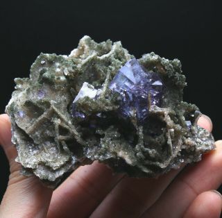 251g Rare Natura Purple Cube Fluorite & Calcite Symbiosis Mineral Specimen/china