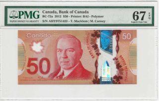 Canada 2012,  $50 Dollars Polymer Banknote Bc - 72a,  Pmg 67 Epq Rare Signature
