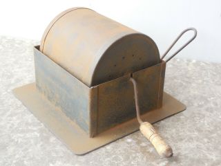 Rare Antique French Tole Primitive Home Coffee Roaster With Lateral Sliding Door