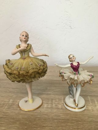 Vintage Dresden Lace Porcelain Ballerina Dancers Japan Set (2)