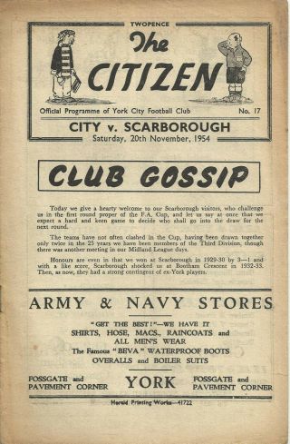 Rare Fa Cup 1st Round Football Programme York City V Scarborough 1954