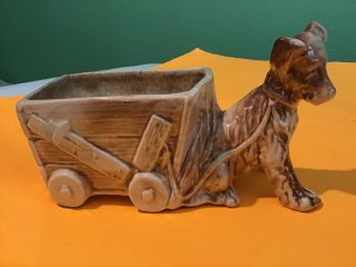 Vintage Mccoy Pottery Planter Vase Dog And Cart,  Brown Rare Porcelain Collectible